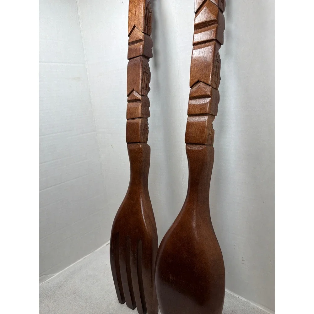 Vintage Wall Decor Brown Tiki Hand Carved Wooden HUGE Fork Spoon Set MCM 28